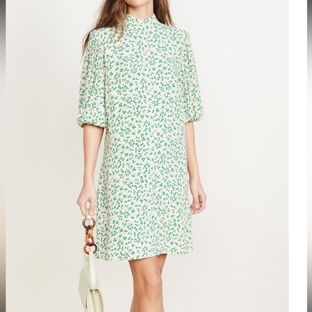 Ganni | Crepe Mini Dress | Cream w/ Green Script that spells “Ganni” | E…